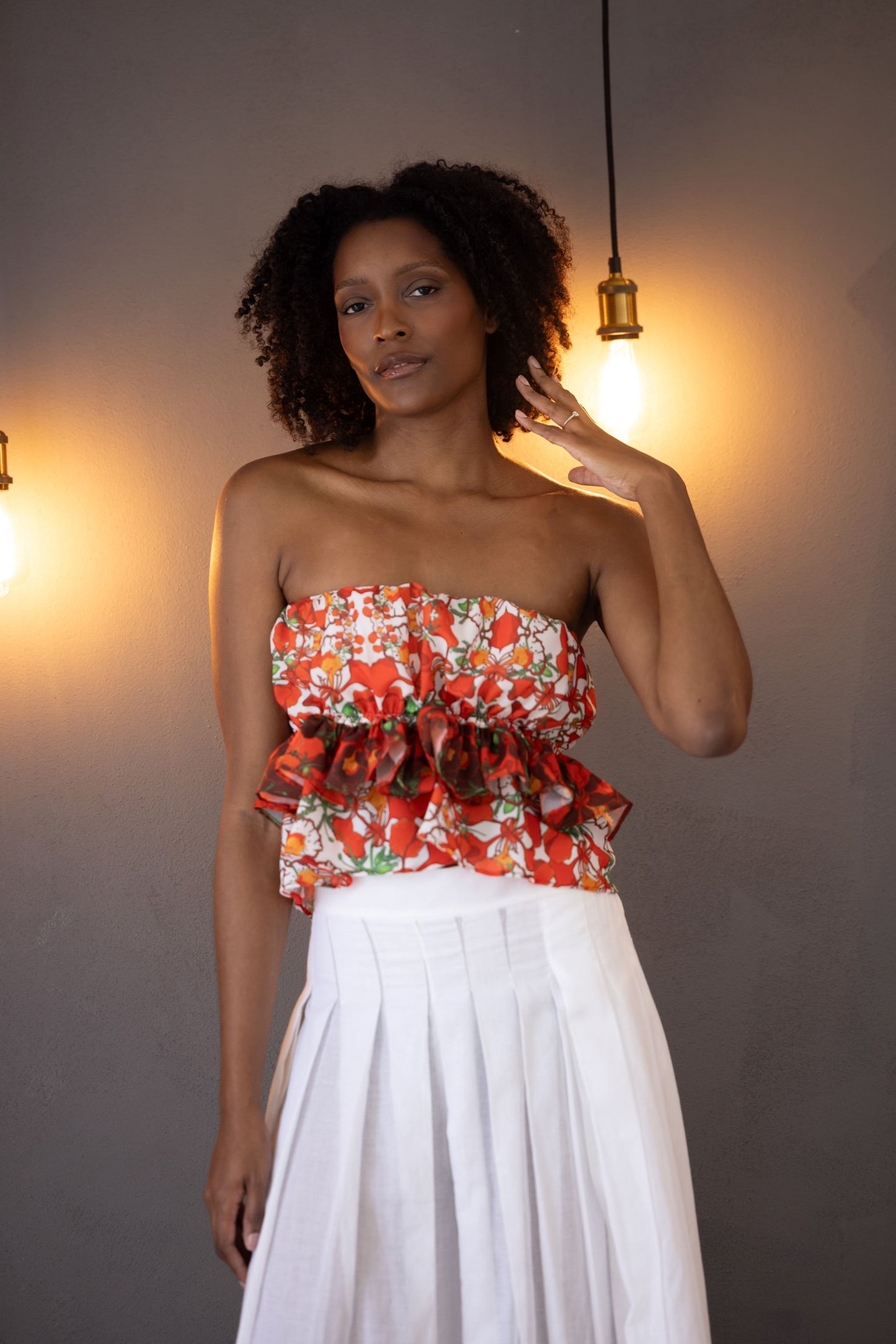 Poinciana print ruffled tube top