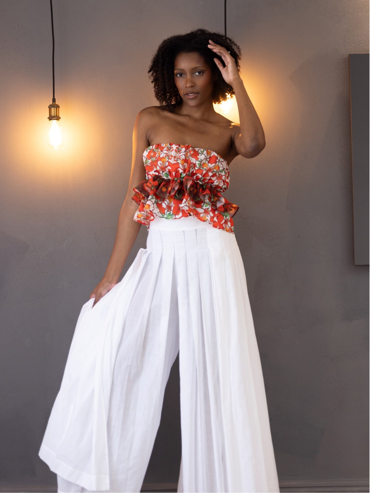 Poinciana print ruffled tube top