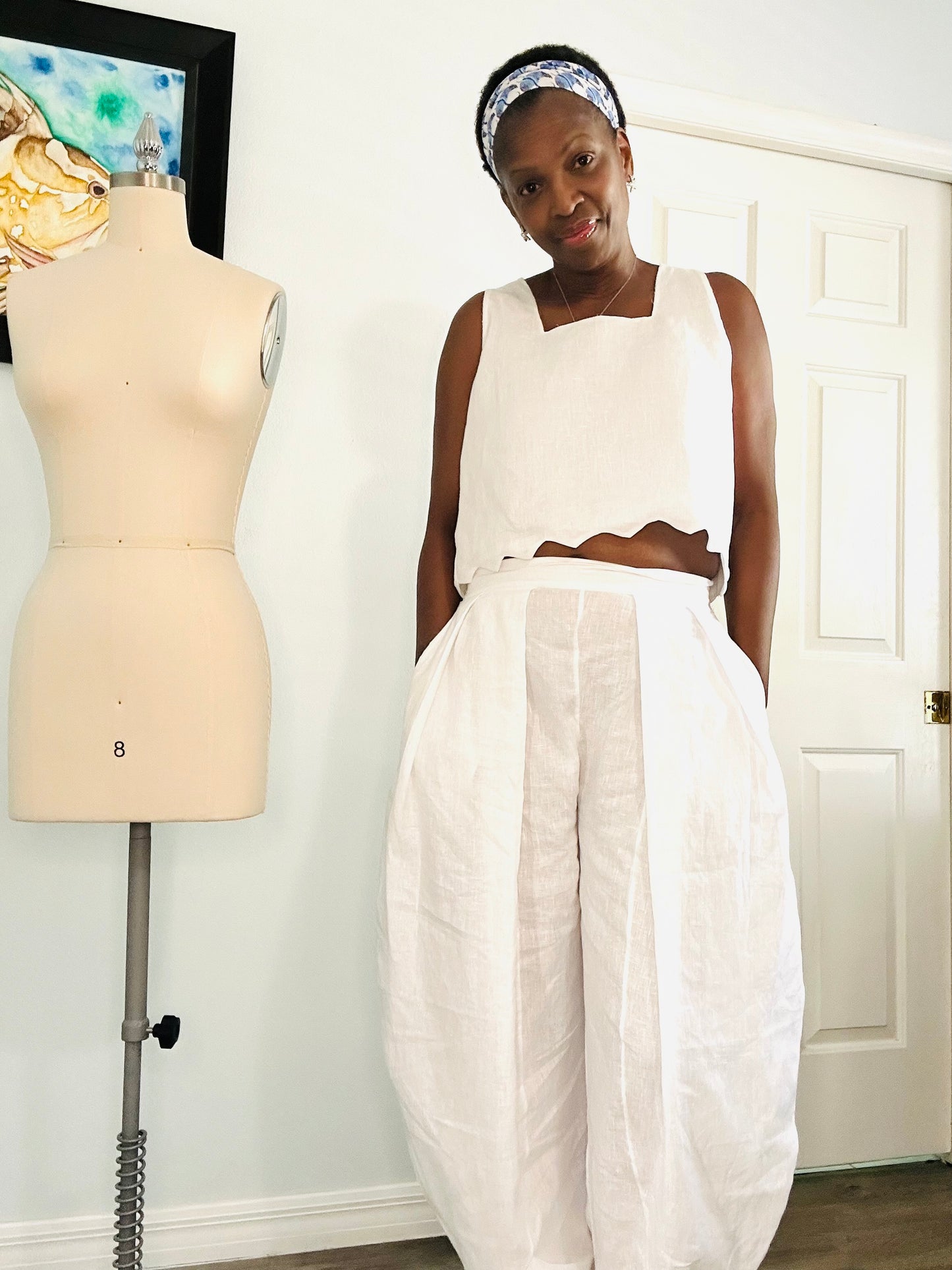 Pleated barrel leg linen pant