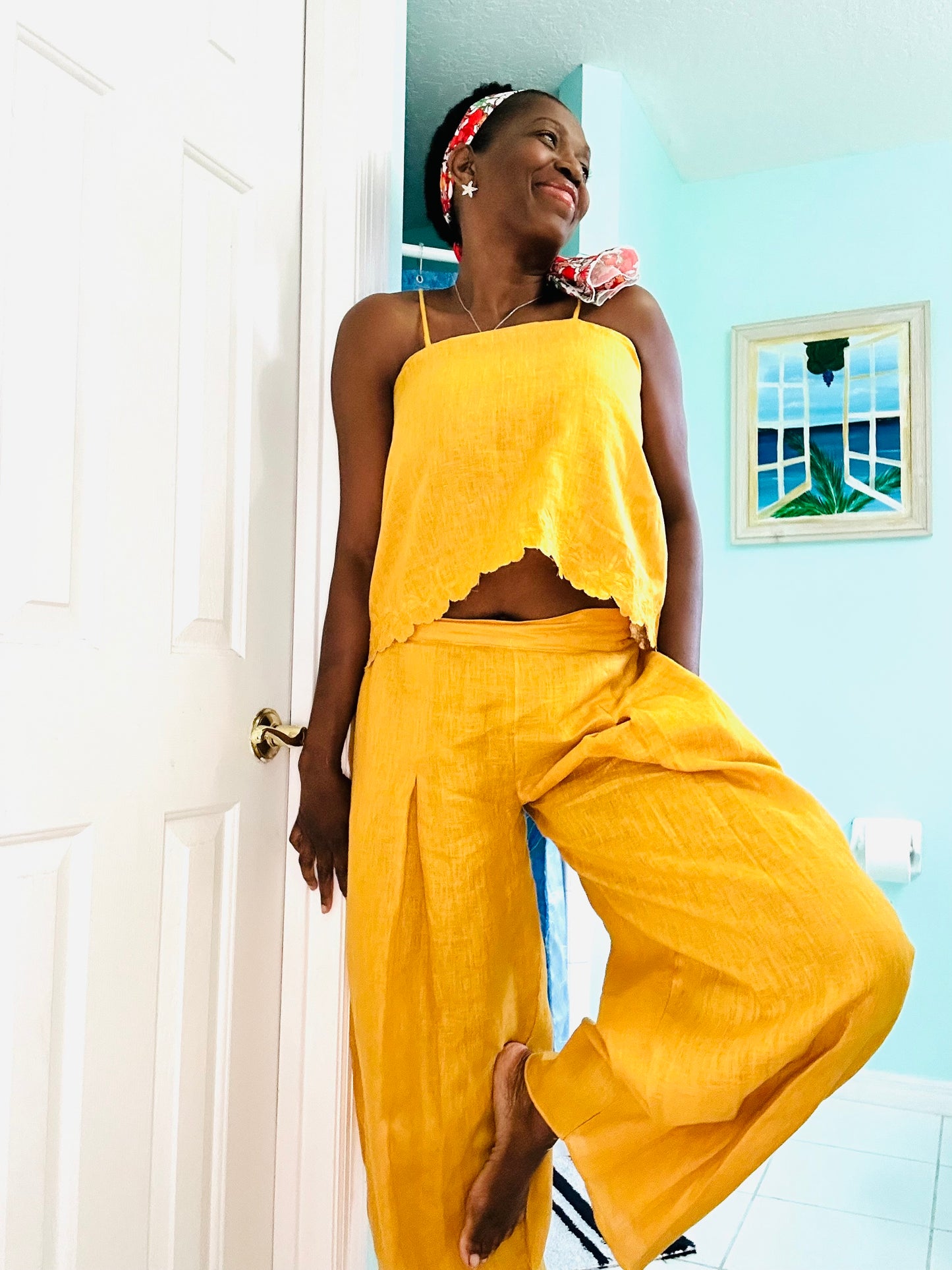 Linen pleated wide leg pant